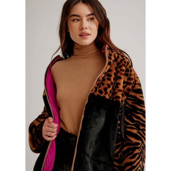 Nikki Jones Multi Print Faux Fur Jacket Balloon Sleeves Pockets Sz L Mob Wife - Picture 6 of 16